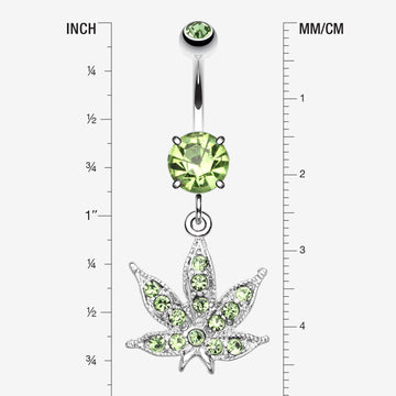 Detail View 1 of Marijuana Leaf Sparkle Belly Ring-Light Green